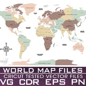 Arquivo de mapa mundial para Cricut, países com capitais, SVG, EPS, PNG, cdr, Cricut testado, arquivo vetorial, mapa mundial, arquivo digital