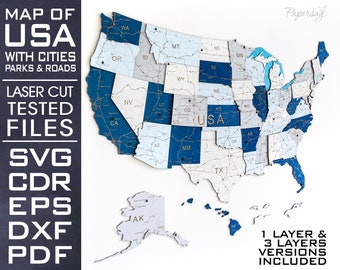 Kaart van de VS met nationale parken, steden en wegen, lasergesneden bestand, SVG, EPS, dxf, cdr, meerlagig, bestand voor lasersnijder, 137x102cm, 54x40''