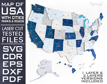 Kaart van de VS met nationale parken, steden en wegen, lasergesneden bestand, SVG, EPS, dxf, cdr, meerlagig, bestand voor lasersnijder, 137x102cm, 54x40''