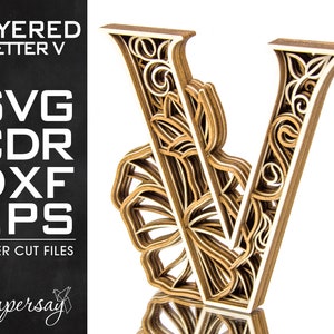 Layered Letter V, Monogram V, SVG, EPS, DXF, cdr, Multilayered Floral Alphabet, Laser Cut, File for Glowforge, Vector cut file, Digital file