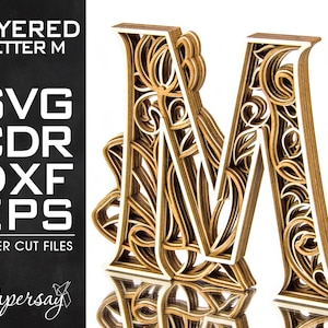 Layered Letter M, Monogram M, SVG, EPS, DXF, cdr, Multilayered Floral Alphabet, Laser Cut, File for Glowforge, Vector cut file, Digital file