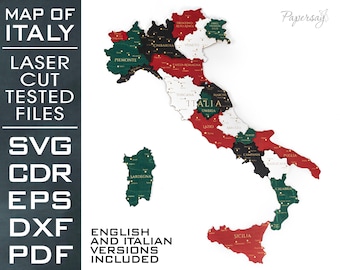 Map of Italy 3D, Laser Cut file, SVG, EPS, dxf, cdr, pdf, Multilayered, File for Laser cutter, Vector file, Digital file, 80x95cm, 32x38in