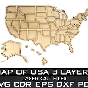Map of USA Contour, Laser Cut file, 3 Layers, SVG, EPS, dxf, cdr, pdf, File for Laser Cutter, Vector cut file, Digital file, 62x93cm, 25x37"