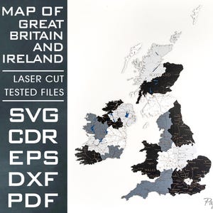 Może przedstawiać: Wycinana laserowo mapa Wielkiej Brytanii i Irlandii, z szczegółowymi konturami krajów w kolorach czarnym, szarym i białym. Mapa zawiera tekst "MAP OF GREAT BRITAIN AND IRELAND" oraz opcje typów plików: SVG, CDR, EPS, DXF i PDF.