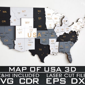 Mapa USA 3D, plik cięty laserowo, SVG, EPS, dxf, cdr, pdf, wielowarstwowy, plik do plotera laserowego, plik cięty wektorowo, plik cyfrowy, 89 x 60 cm, 2,9'x2'