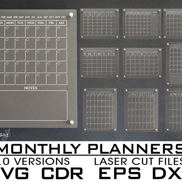 Planificateurs mensuels, 10 versions, Fichiers numériques, SVG, EPS, CDR, dxf, pdf, Fichiers vectoriels, Fichiers de découpe laser, Fichiers d'impression, Décoration murale