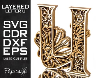 Layered Letter U, Monogram U, SVG, EPS, DXF, cdr, Multilayered Floral Alphabet, Laser Cut, File for Glowforge, Vector cut file, Digital file
