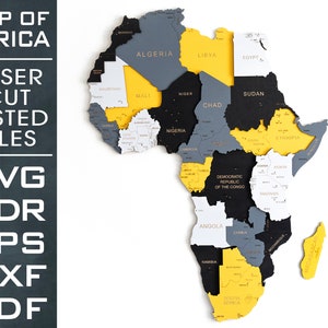 Map of Africa 3D, Laser Cut file, SVG, EPS, dxf, cdr, pdf, Multilayered, File for Laser cutter, Vector file, Digital file, 59x77cm, 23x30in