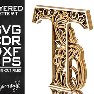 Layered Letter T, Monogram T, SVG, EPS, DXF, cdr, Multilayered Floral Alphabet, Laser Cut, File for Glowforge, Vector cut file, Digital file