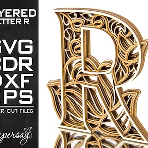 Layered Letter R, Monogram R, SVG, EPS, DXF, cdr, Multilayered Floral Alphabet, Laser Cut, File for Glowforge, Vector cut file, Digital file