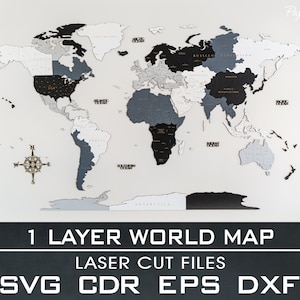 Mapa do Mundo 1 Camada, Arquivo cortado a laser, SVG, EPS, DXF, cdr, pdf, Arquivo para cortador a laser, Arquivo cortado vetorial, Arquivo digital, 192x117cm, 6'x4'