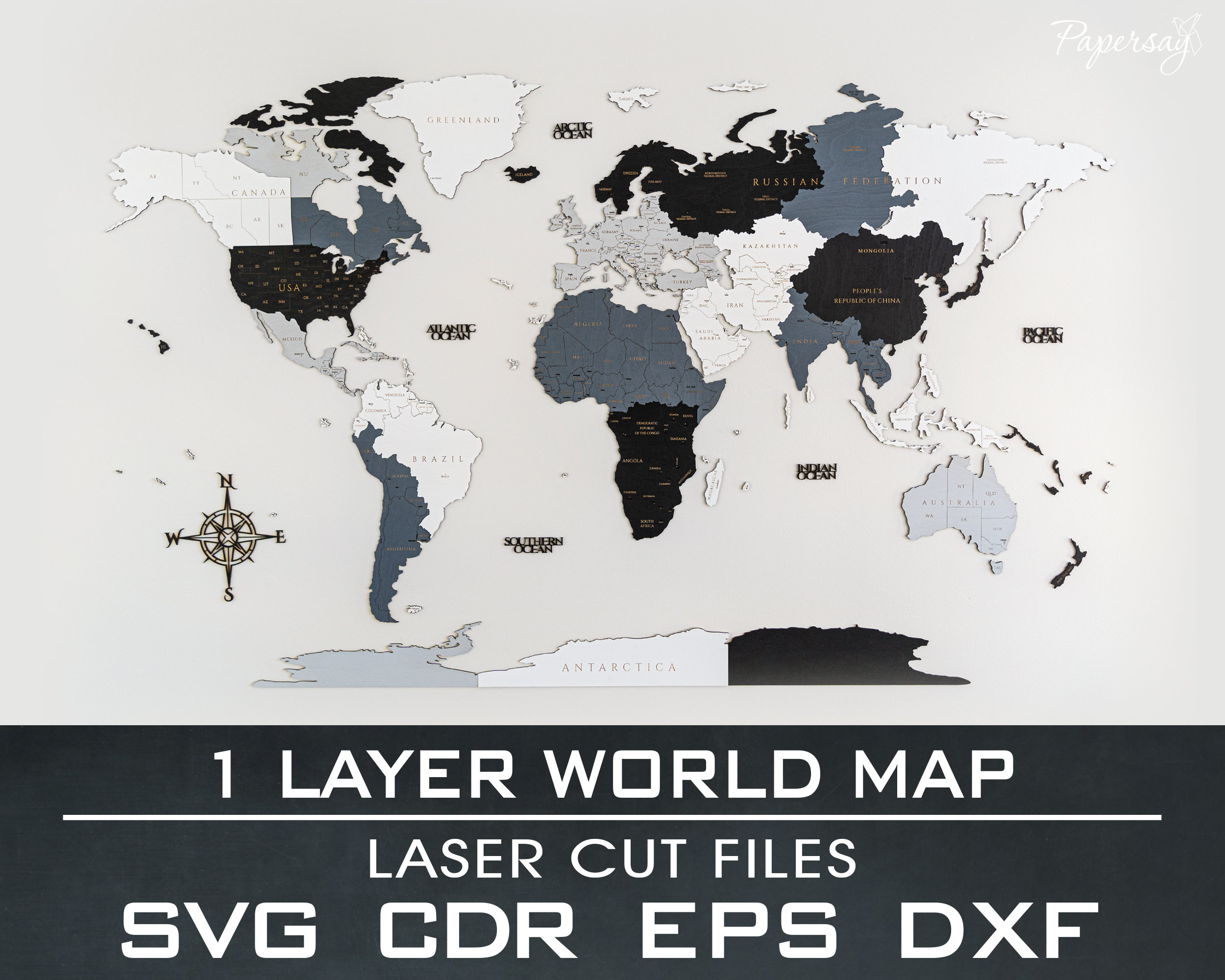 Map of the World 1 Layer, Laser Cut file, SVG, EPS, DXF, cdr, pdf, File for Laser Cutter, Vector cut file, Digital file, 192x117cm, 6'x4'