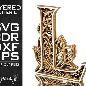 Letra L em camadas, Monograma L, SVG, EPS, DXF, cdr, Alfabeto floral multicamadas, Corte a laser, Arquivo para Glowforge, Arquivo de corte vetorial, Arquivo digital