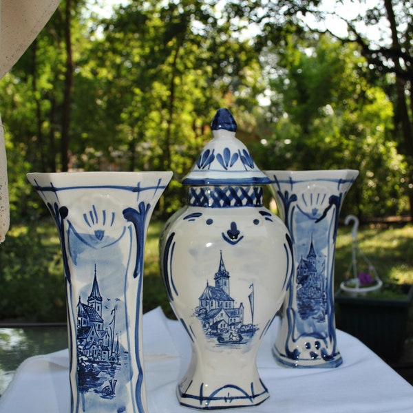 Vintage Delft Blue 1970s Hand Painted Ceramic Garniture Urn and 2 Vases Dutch Houses
