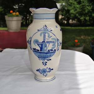 Delft Blue Biege Ceramic Floral Bud Vase Hand Painted Windmill