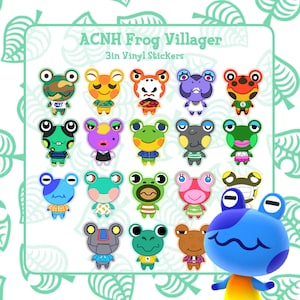 May include: A set of 16 3-inch vinyl stickers featuring various frog villagers from the Animal Crossing: New Horizons video game. The stickers are colorful and feature different expressions and outfits. The text "ACNH Frog Villager 3in Vinyl Stickers" is at the top of the image.
