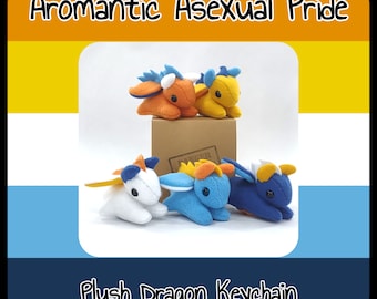 May include: Five plush dragon keychains in various colors, including orange, yellow, white, blue, and dark blue. The dragons are arranged in a semi-circle on a brown box. The text "Aromantic Asexual Pride" is at the top of the image, and "Plush Dragon Keychain" is at the bottom.