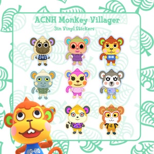 May include: Nine 3-inch vinyl stickers featuring different monkey villagers from the Animal Crossing: New Horizons video game. The stickers are colorful and feature various monkey characters wearing different outfits.