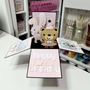 Carte Boîte Pop Up Mignonne Ballerine Ours et Lapin à Personnaliser