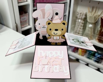 Cute Ballerina Bear and Bunny Pop Up Box Card Personalised