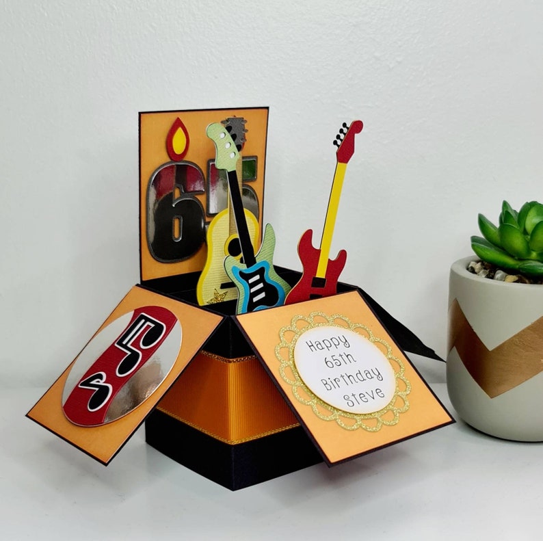 Personalised Guitar Pop Up Card, Unique Guitars Birthday Card, Guitar Box Card, Father's Day Gift Orange