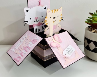 Kitten Pop Up Box Card, Cute Cats Box Card, First Birthday Kitten Card