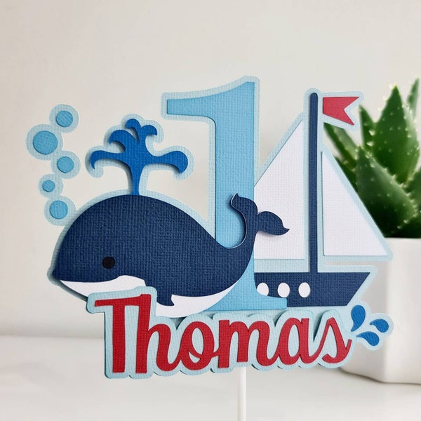 Whale Cake Topper with Name and Age, Personalised Whale Cake Centerpiece, Nautical Cake Smash Props
