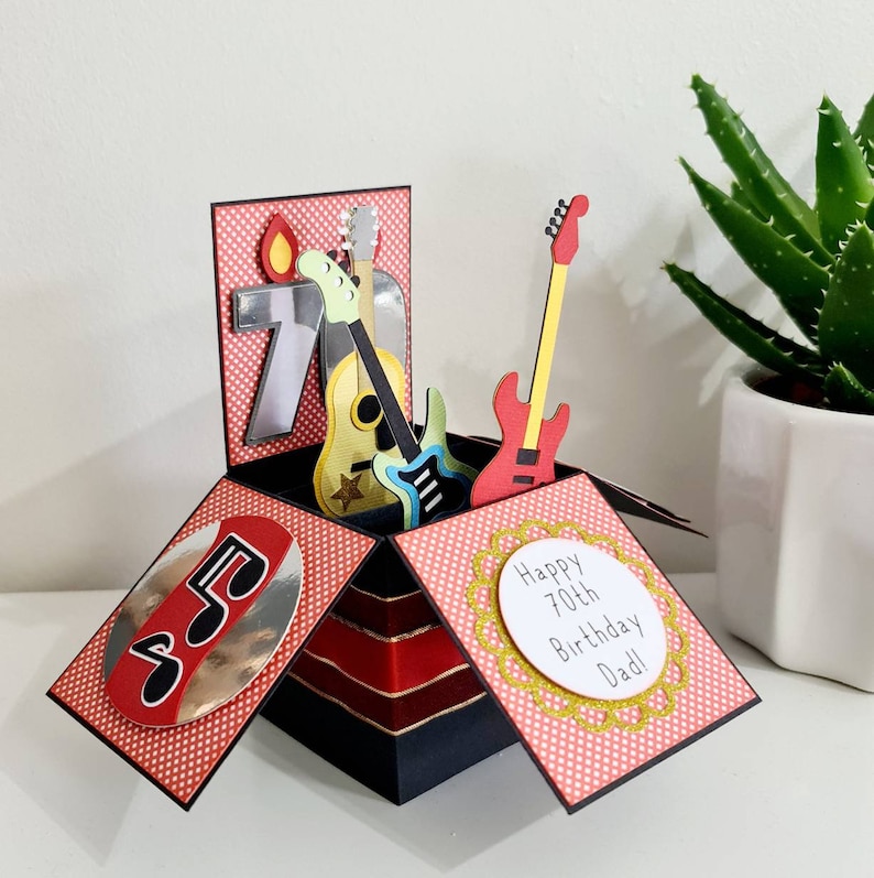 Personalised Guitar Pop Up Card, Unique Guitars Birthday Card, Guitar Box Card, Father's Day Gift Red