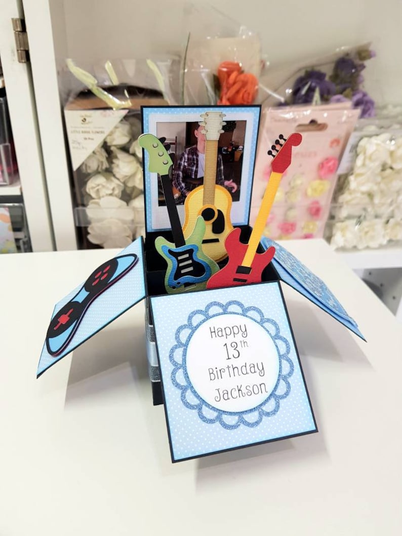 Personalised Guitar Pop Up Card, Unique Guitars Birthday Card, Guitar Box Card, Father's Day Gift Blue