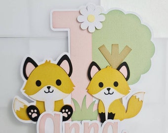 Decoraciones de fiesta de zorro, topper de pastel de zorro personalizado, empavesado de zorro del bosque, accesorios para aplastar pastel de primer cumpleaños
