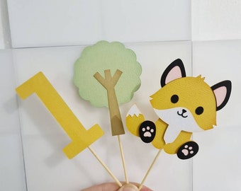 Toppers de cupcakes de cumpleaños de zorro, toppers de pastel de bosque, accesorios de primer pastel de cumpleaños