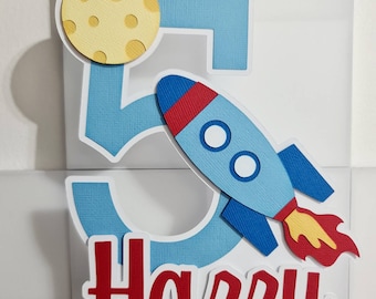 Topper de pastel espacial personalizado, topper de pastel de cohete, accesorios de cake smash