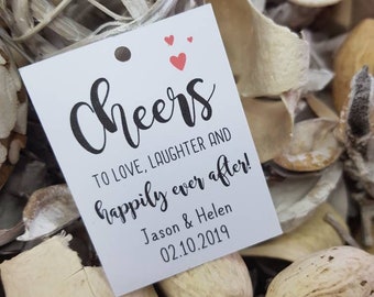 Saludos al amor, risas y felices para siempre etiquetas de regalo, etiquetas de favor de boda personalizadas