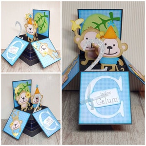 Biglietto personalizzato con scatola di scimmie, biglietto d'auguri con scimmia pop-up