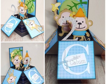 Personalised Monkey Box Card, Pop Up Monkey Birthday Card