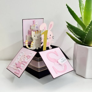 Carte pop-up lapin chat et oiseau, carte boîte personnalisée lapin oiseau et chat, carte boîte anniversaire lapin et chat