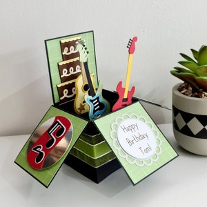 Personalised Guitar Pop Up Card, Unique Guitars Birthday Card, Guitar Box Card, Father's Day Gift Green