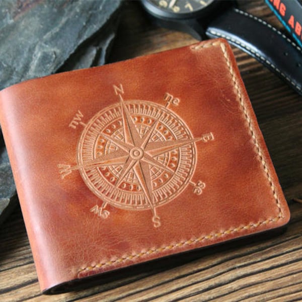 Mens Wallet Leather, Personalized Leather Wallet for Men, Mens Gift Personalized Wallet Handmade, Brown Bifold Wallet Slim, Compass Orsus