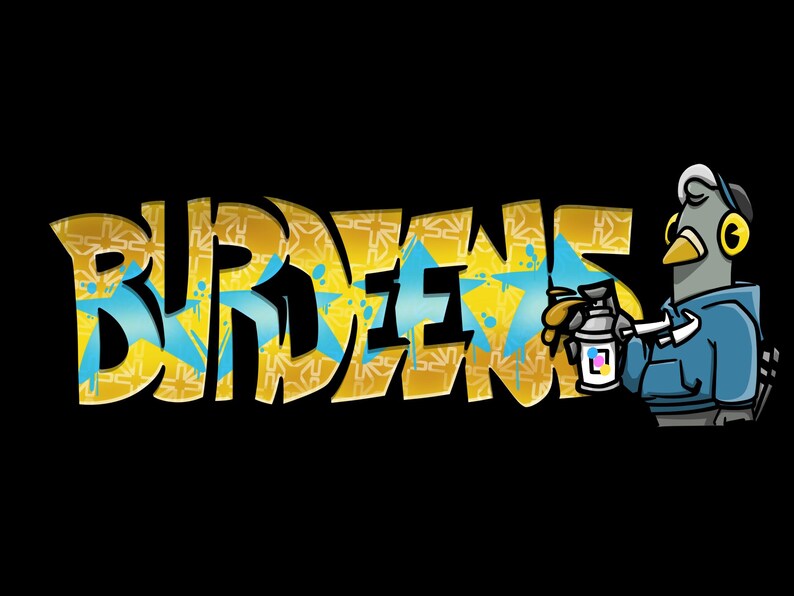May include: A cartoon bird wearing headphones and a blue hoodie sprays paint on a yellow and blue graffiti-style word "BURDENS".