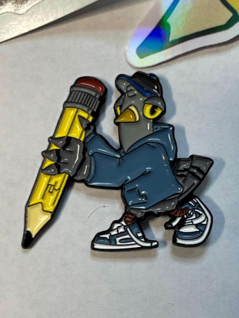 May include: A gray bird wearing a blue hoodie and a blue baseball cap holds a yellow pencil in its right hand. The bird is wearing white sneakers with blue accents.