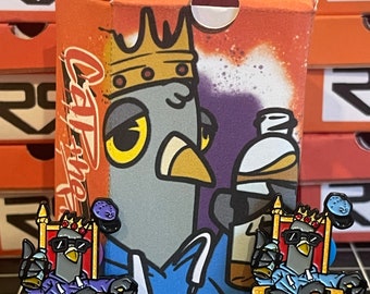 Cap the Pigeon sitting on Throne, Biggie inspired 1.35” Single Prong Soft Enamel Hat/Lapel Pin with Glitter and gem features