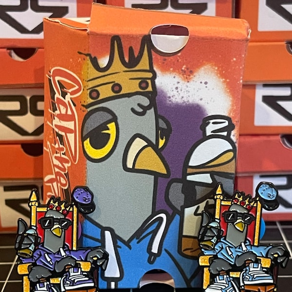 Cap the Pigeon sitting on Throne, Biggie inspired 1.35” Single Prong Soft Enamel Hat/Lapel Pin with Glitter and gem features