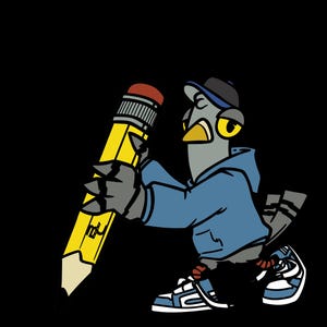 May include: A cartoon bird wearing a blue hoodie and a baseball cap holds a yellow pencil in its hand. The bird is wearing sneakers and has a determined expression on its face.