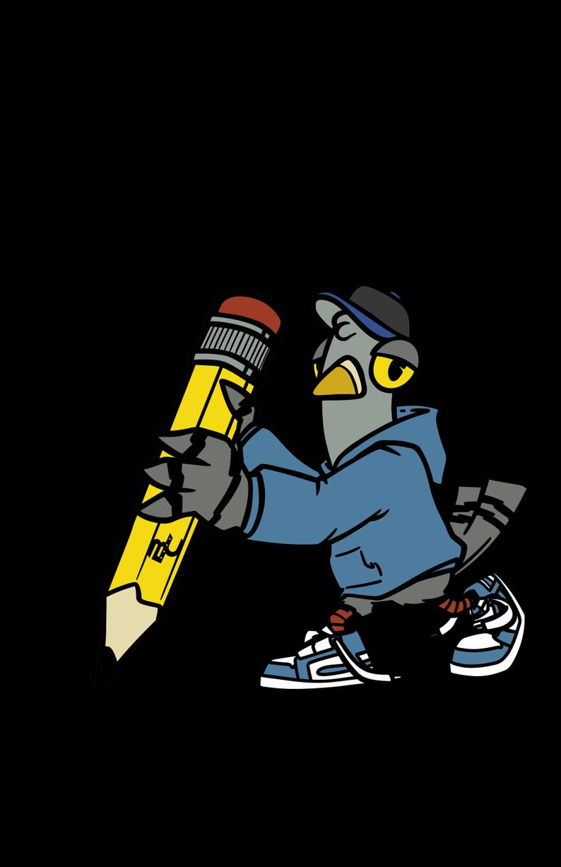 May include: A cartoon bird wearing a blue hoodie and a baseball cap holds a yellow pencil in its hand. The bird is wearing sneakers and has a determined expression on its face.