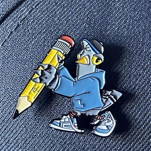 May include: A blue and gray cartoon bird wearing a blue hoodie and a black baseball cap holds a yellow pencil in its hand. The bird is wearing blue and white sneakers.