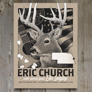 May include: A sepia-toned concert poster featuring a deer with large antlers, a guitar, and an American flag. The poster promotes the "ERIC CHURCH" concert with "Ella Langley" as the special guest. The tour is the "FREE THE MACHINE TOUR" in Omaha on February 5, 2026.