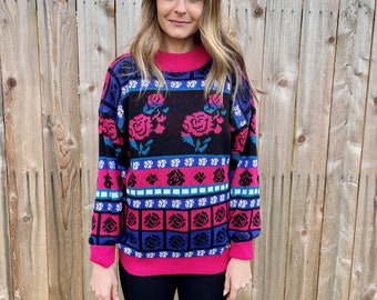 VINTAGE 1980s Joan Harper Pink Rose Sweater