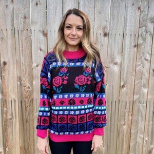 VINTAGE 1980s Joan Harper Pink Rose Sweater