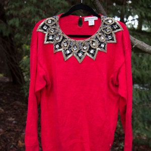 VINTAGE 1980&#39;s Red Knit Jeweled Sweater