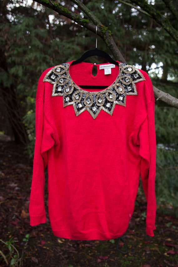 VINTAGE 1980's Red Knit Jeweled Sweater